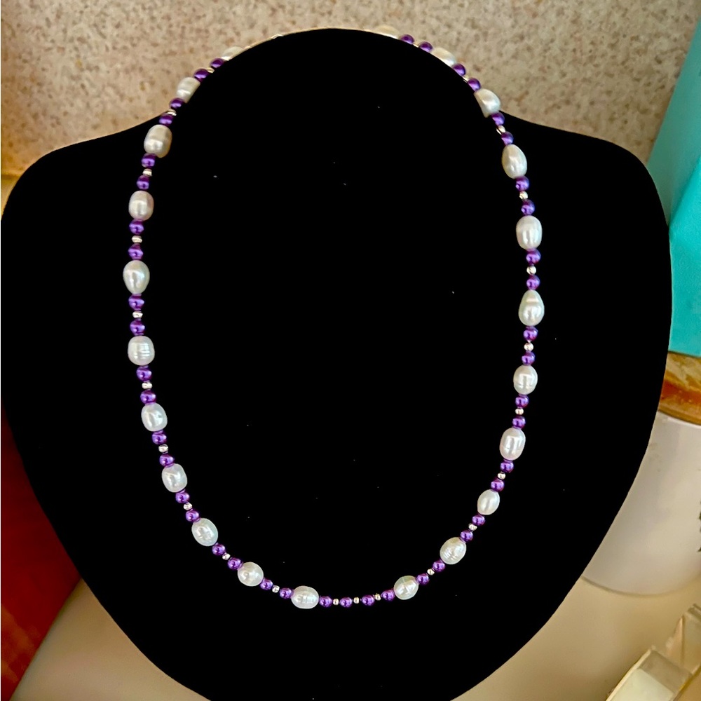 Purple and white freshwater pearl necklace